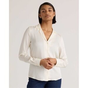 Quince Womens Washable Stretch Silk Notch Collar Blouse Long Sleeve Ivory 3X